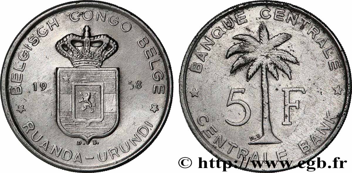 BELGIAN CONGO 5 Francs Banque Centrale Congo Belge-Ruanda-Urundi 1958 Bruxelles XF 
