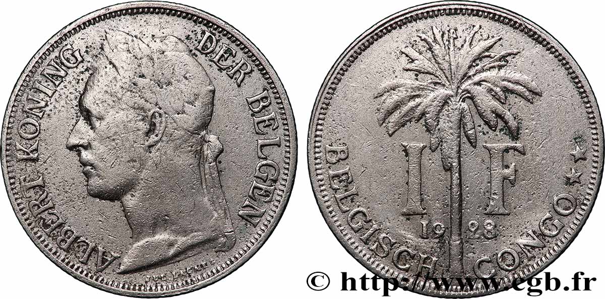 BELGIAN CONGO 1 Franc roi Albert légende flamande 1928 Bruxelles VF 