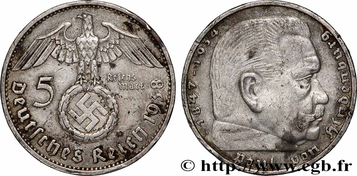 ALLEMAGNE 5 Reichsmark Maréchal Paul von Hindenburg 1938 Berlin TTB 