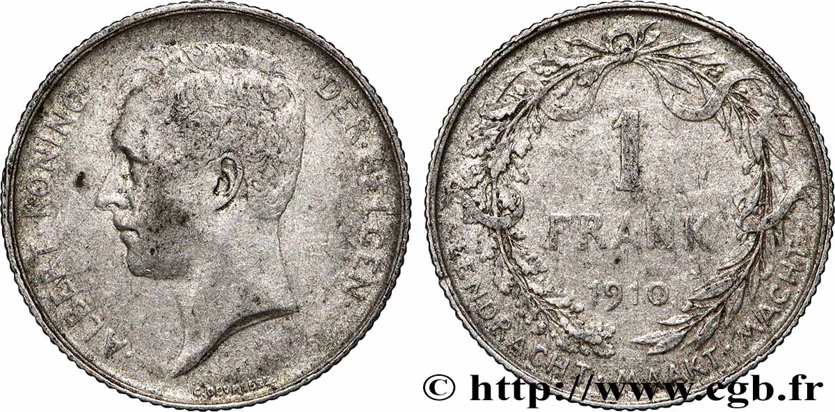 BÉLGICA 1 Frank (Franc) Albert Ier légende flamande 1910 Bruxelles BC+ 