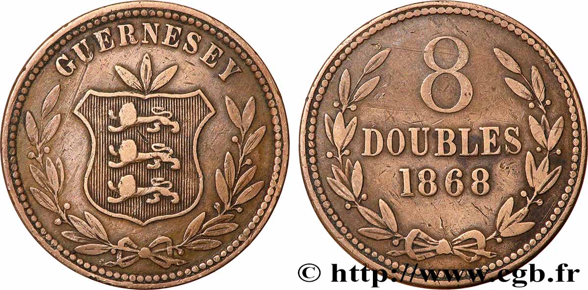 GUERNSEY 8 Doubles armes du baillage de Guernesey 1868 Heaton VF 