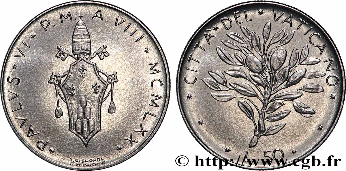 VATICANO Y ESTADOS PONTIFICIOS 50 Lire armes Paul VI an XV 1970 Rome EBC 