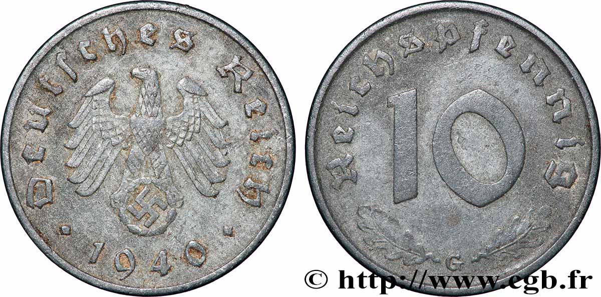 GERMANIA 10 Reichspfennig aigle surmontant une swastika 1940 Karlsruhe BB 