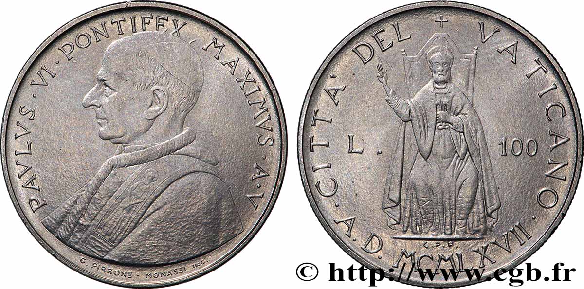 VATICAN AND PAPAL STATES 100 Lire Paul VI an V 1967 Rome AU 