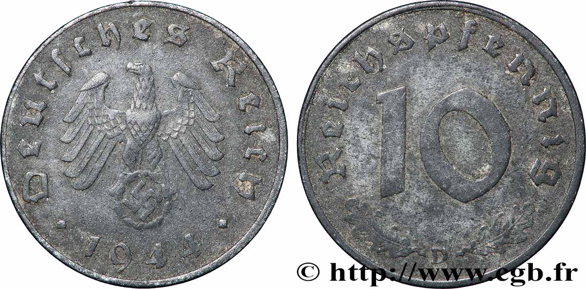 GERMANY 10 Reichspfennig aigle surmontant une swastika 1944 Munich XF 
