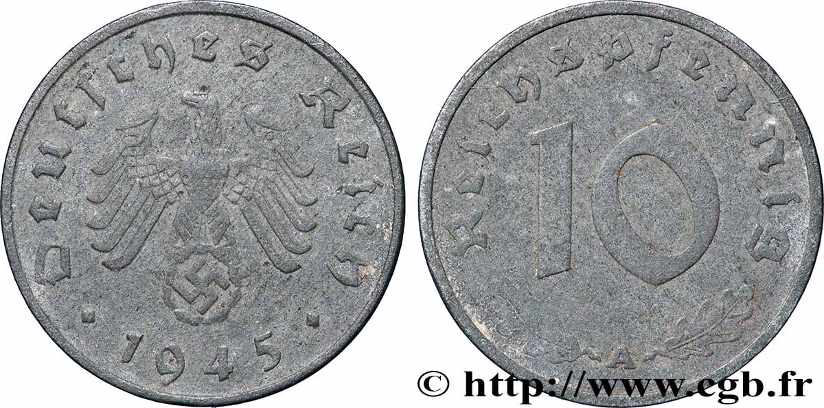 GERMANY 10 Reichspfennig aigle surmontant une swastika 1945 Berlin XF 