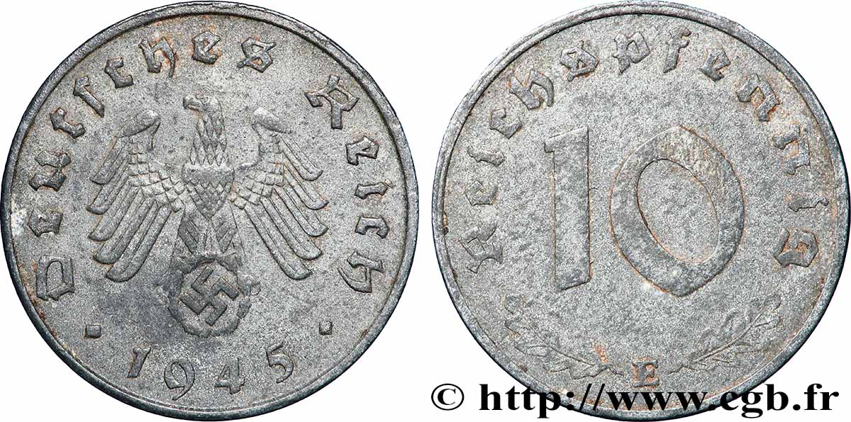 ALLEMAGNE 10 Reichspfennig aigle surmontant une swastika 1945 Muldenhütten TTB 