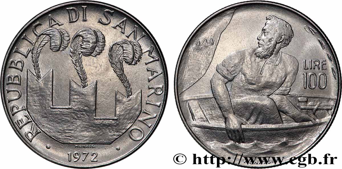 SAINT-MARIN 100 Lire 3 tours / Marin traversant la mer Adriatique 1972 Rome SPL 