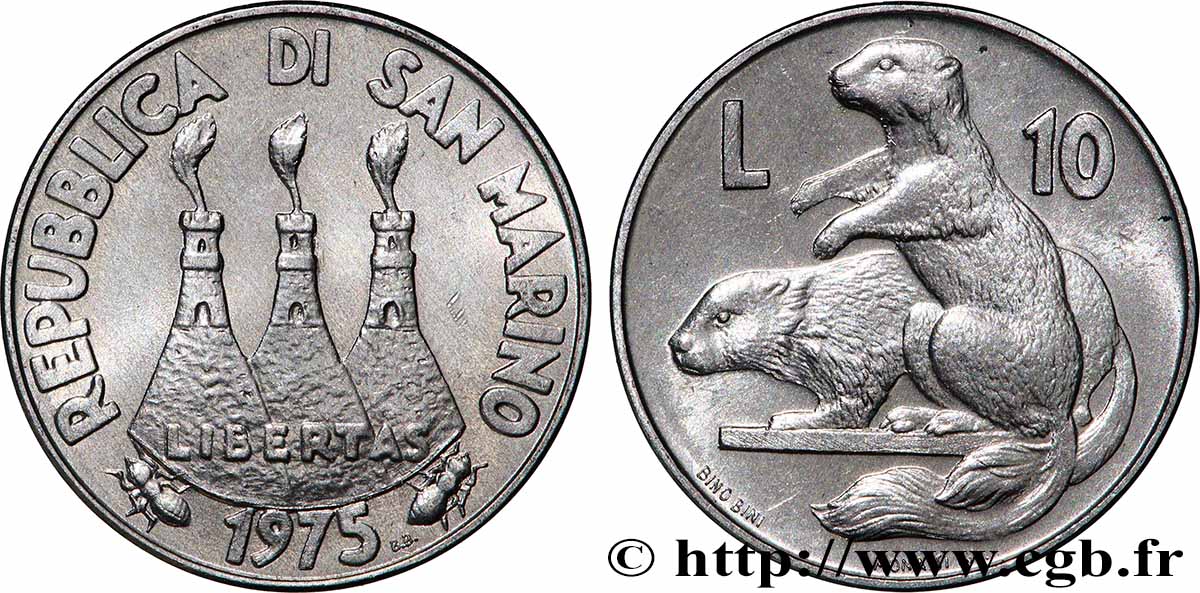 SAN MARINO 10 Lire 3 tours / deux marmottes 1975 Rome EBC 