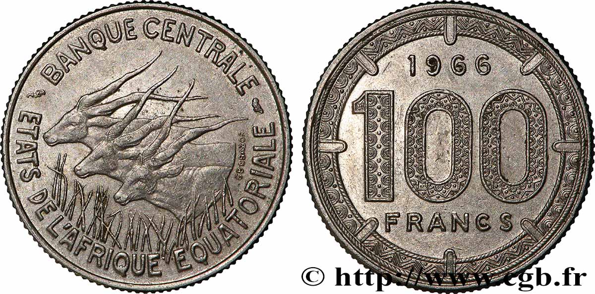 ÉTATS DE L&nbsp;AFRIQUE ÉQUATORIALE 100 Francs antilopes 1966 Paris TTB+ 