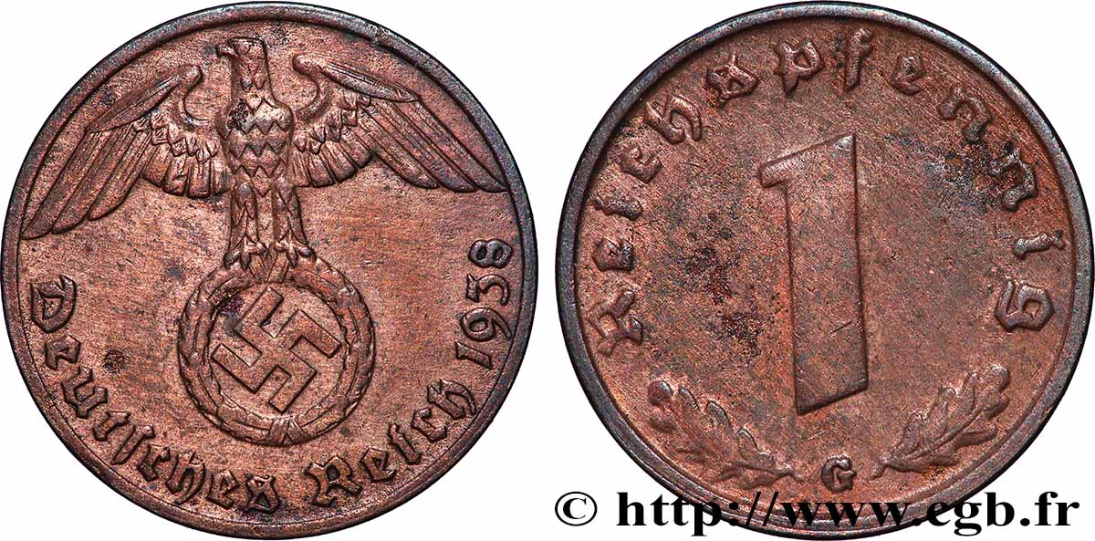GERMANY 1 Reichspfennig aigle et swastika 1938 Karlsruhe XF 