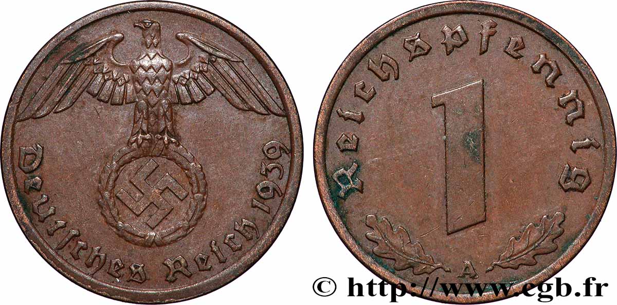 DEUTSCHLAND 1 Reichspfennig aigle et swastika 1939 Berlin fVZ 