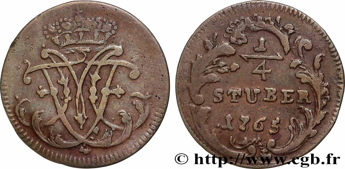 ALLEMAGNE - COLOGNE 1/4 Stuber Maximilien-Frédéric de Königsegg-Rotenfels prince-évèque 1765  TB 