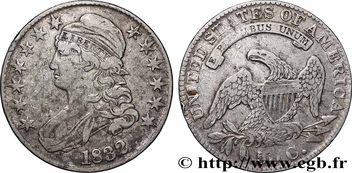 ÉTATS-UNIS D&nbsp;AMÉRIQUE 50 Cents (1/2 Dollar) type “Capped Bust” 1832 Philadelphie TTB 