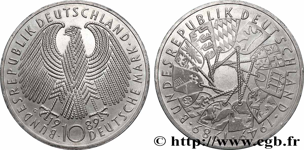 ALLEMAGNE 10 Mark aigle héraldique / 40e anniversaire de la fondation de la République Fédérale Allemande 1989 Karlsruhe SPL 