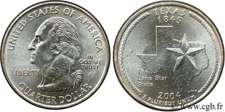 UNITED STATES OF AMERICA 1/4 Dollar Texas : étoile et limites de l’état 2004 Philadelphie MS 
