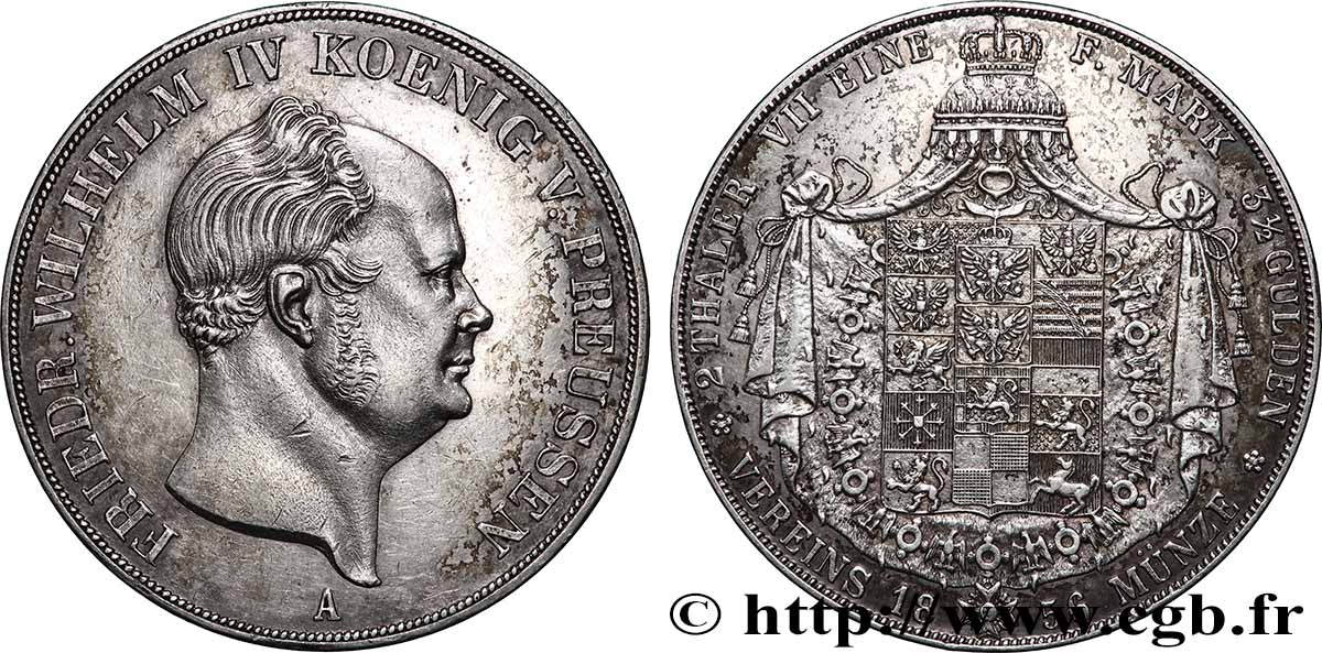 ALLEMAGNE - ROYAUME DE PRUSSE - FRÉDÉRIC-GUILLAUME IV 2 Thaler  1856 Berlin TTB+ 