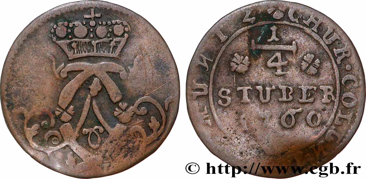 ALLEMAGNE - COLOGNE 1/4 Stuber Clément-Auguste de Bavière 1760  TB 