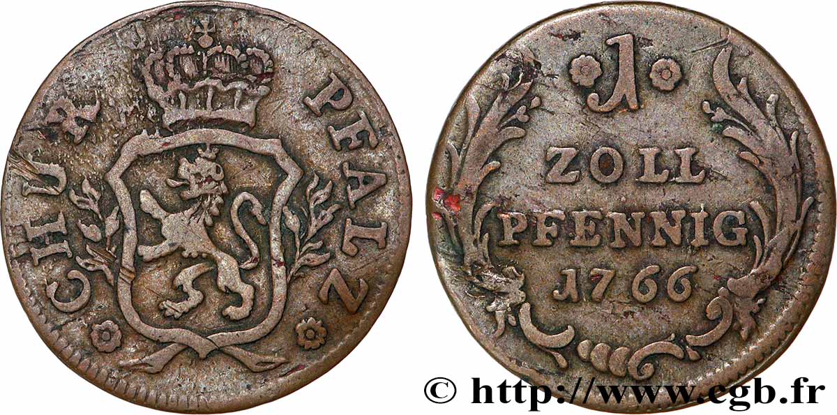 ALLEMAGNE - PALATINAT 1 Zoll Pfennig Charles Théodore IV 1766  TB+ 