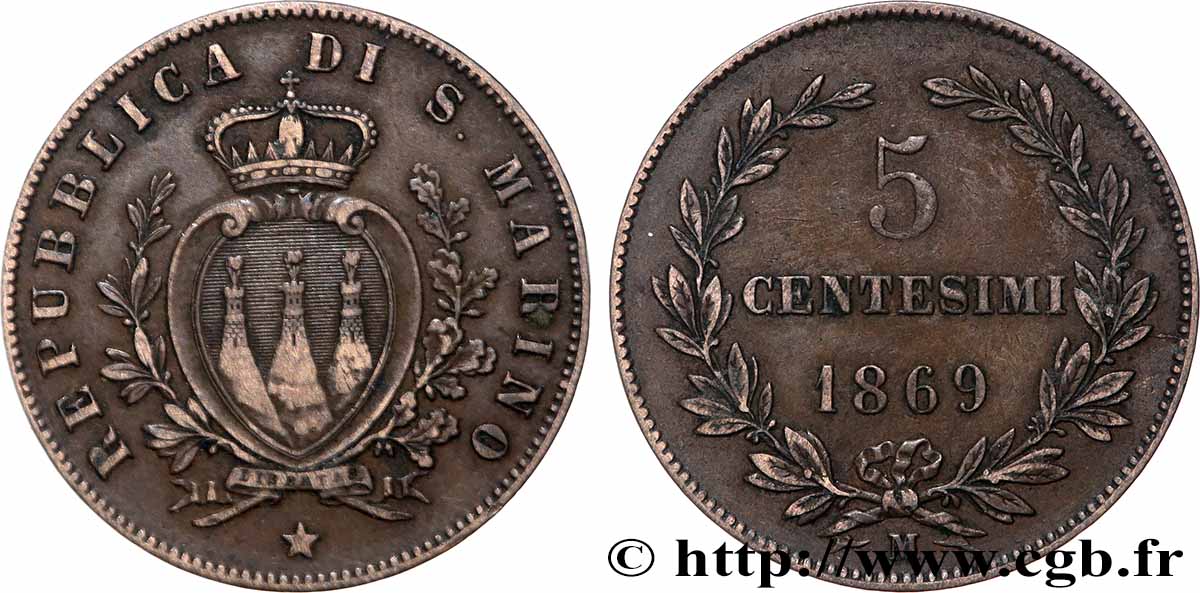 SAINT-MARIN 5 Centesimi écu aux trois tours 1869 Milan TTB 
