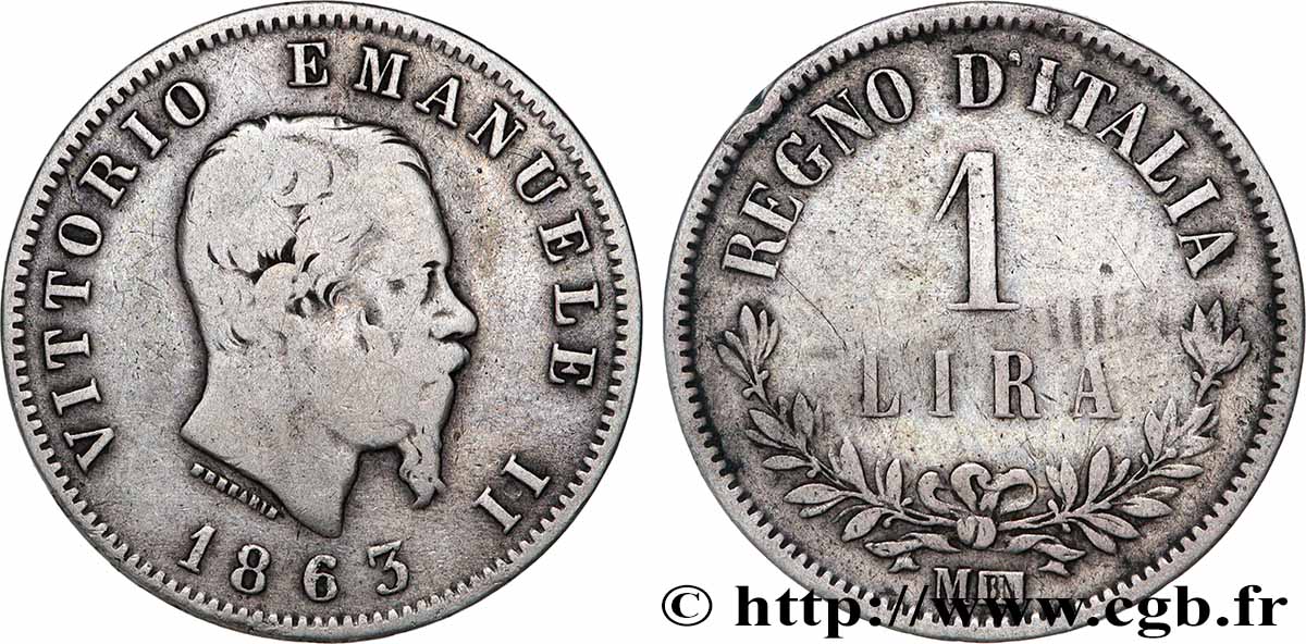 ITALIE 1 Lira Victor Emmanuel II 1863 Milan TB 