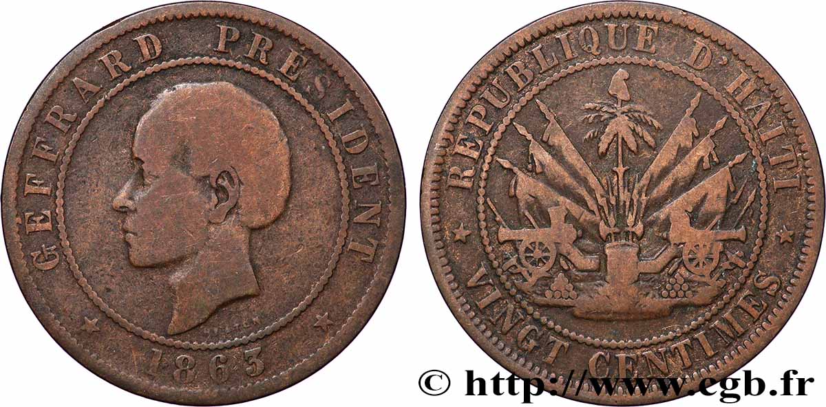 HAITI 20 Centimes président Geffrard 1863 Heaton VF 