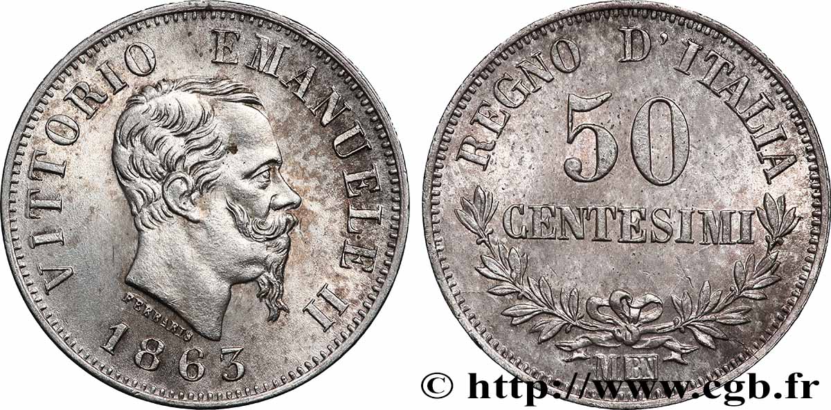 ITALY 50 Centesimi Victor Emmanuel II 1863 Milan AU 