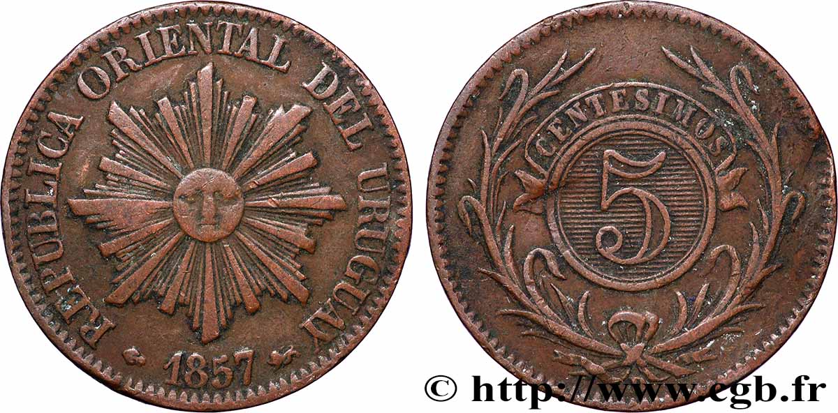 URUGUAY 5 Centesimos Soleil 1857 Lyon - D VF 