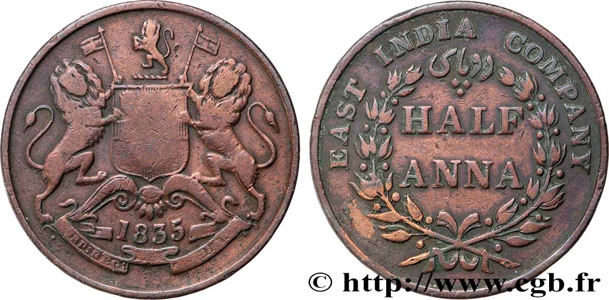 INDES BRITANNIQUES 1/2 Anna East India Company 1835 Bombay TTB 
