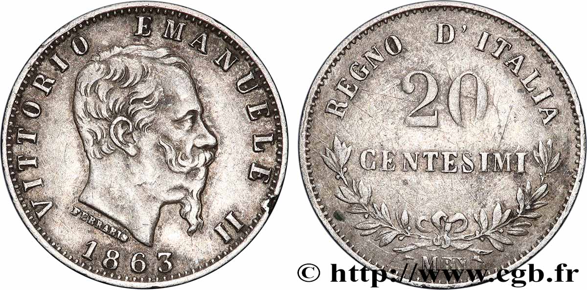 ITALIE 20 Centesimi Victor Emmanuel II 1863 Milan TTB 