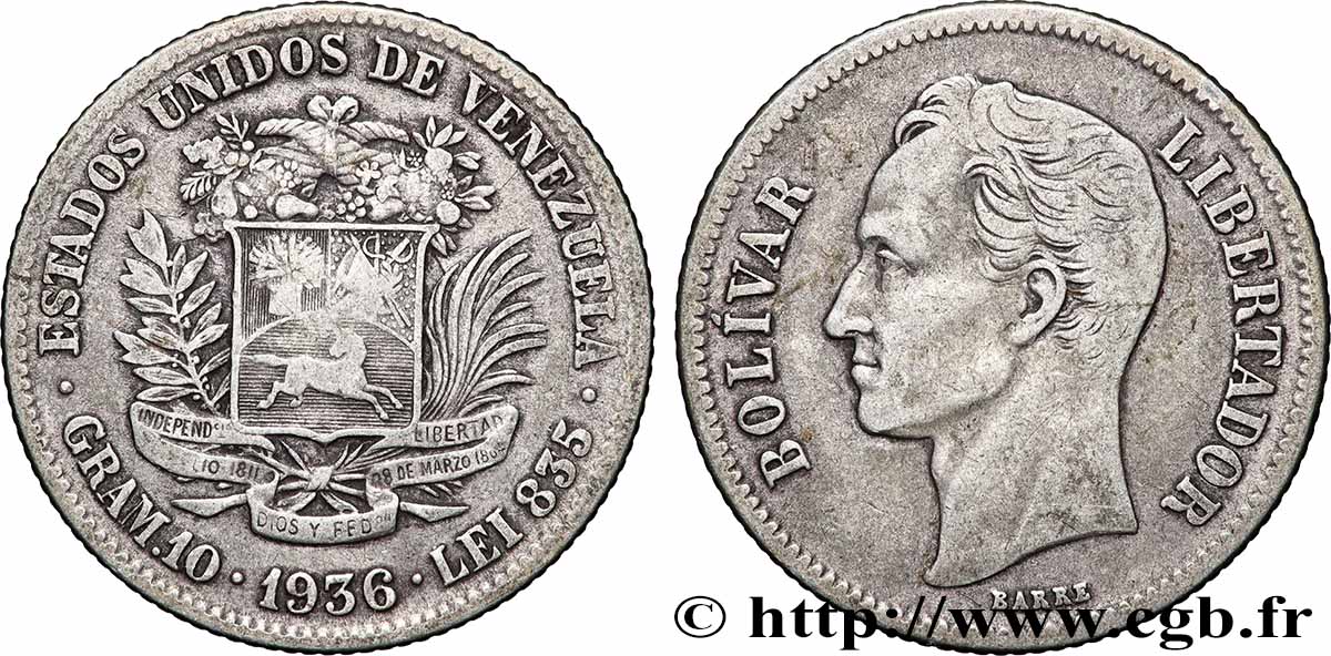 VENEZUELA 2 Bolivares Simon Bolivar 1936 Philadelphie VF 