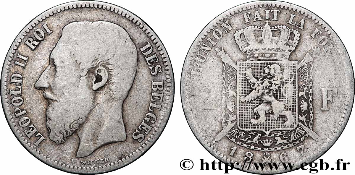 BELGIQUE 2 Francs Léopold II légende française 1867 Bruxelles TB 