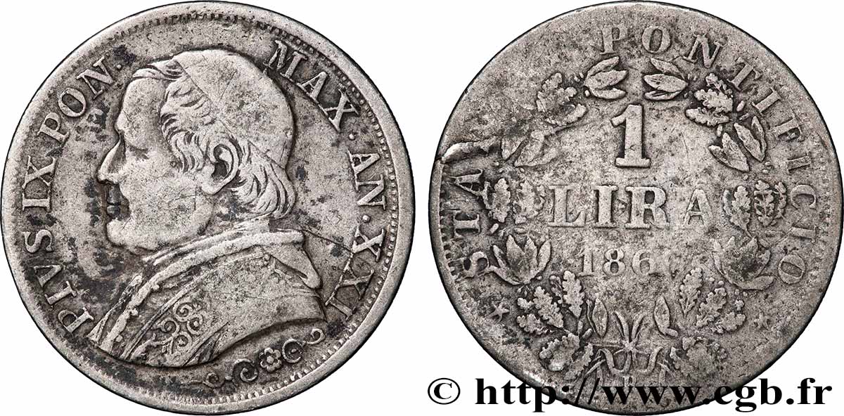 VATICAN AND PAPAL STATES 1 Lira Pie IX type grand buste an XXI 1866 Rome VF 