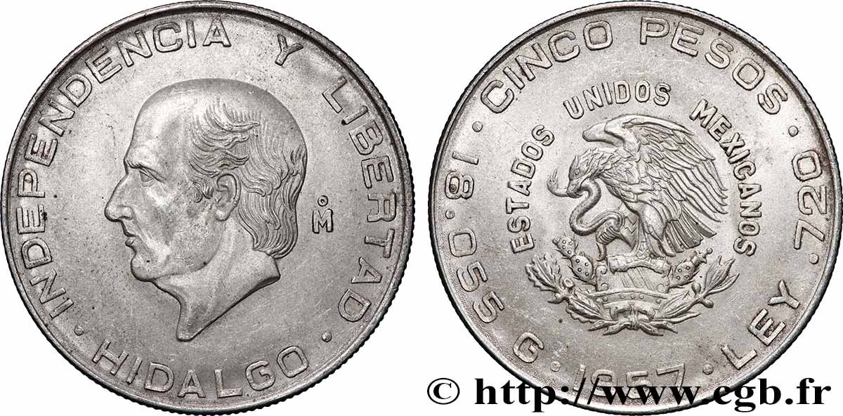 MEXIQUE 5 Pesos Miguel Hidalgo y Costilla 1957 Mexico TTB+ 