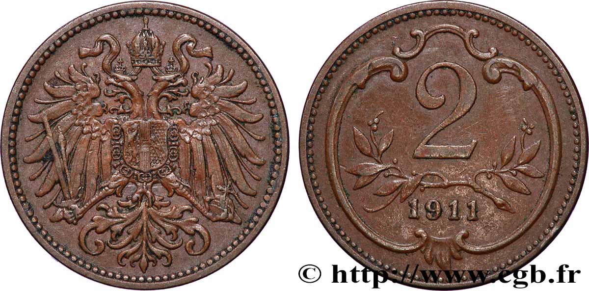 AUTRICHE 2 Heller François-Joseph Ier 1911 Vienne TTB+ 