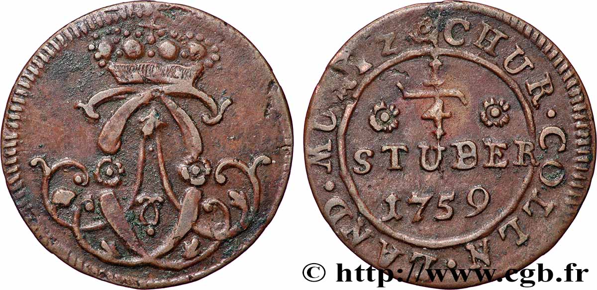 ALLEMAGNE - COLOGNE 1/4 Stuber Clément-Auguste de Bavière 1759  TB+ 