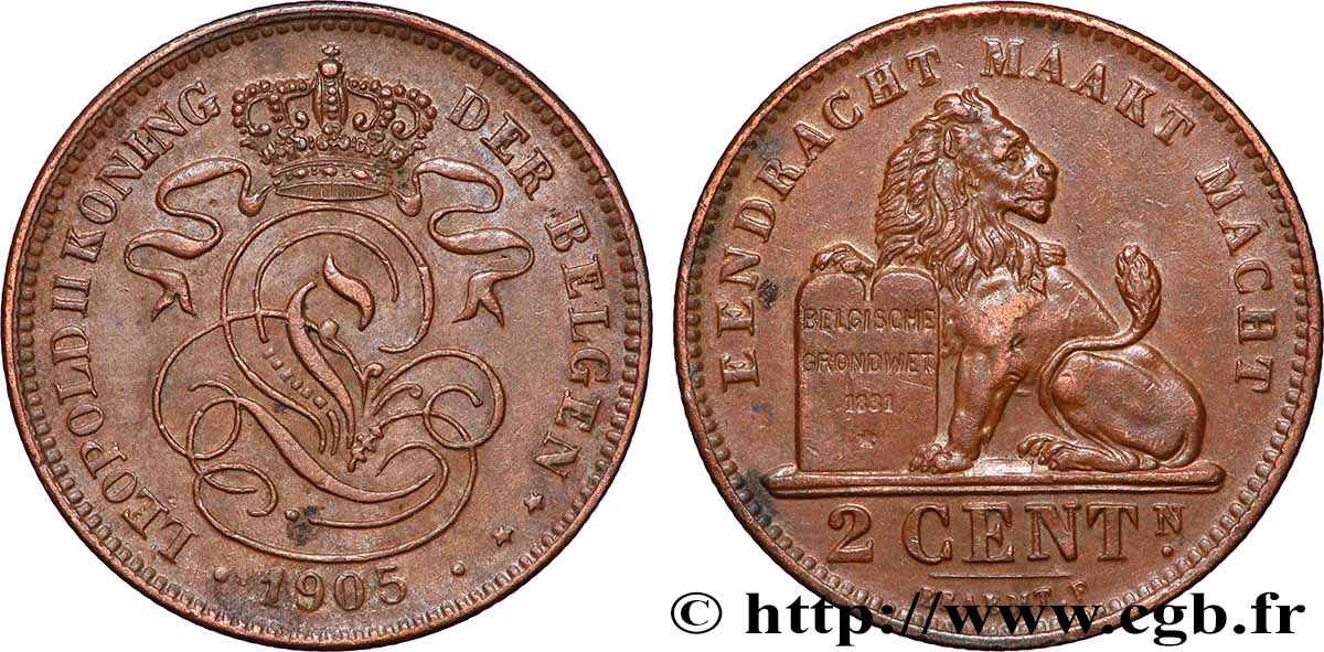 BELGIQUE 2 Centiemen (Centimes) Léopold II légende flamande 1905 Bruxelles TTB+ 