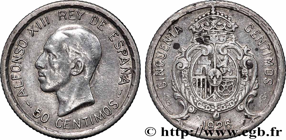 SPAIN 50 Centimos Alphonse XIII  1926 Madrid XF 