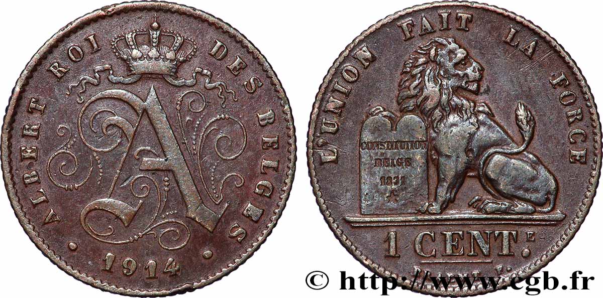 BELGIUM 1 Centime Albert légende en français 1914 Bruxelles XF 