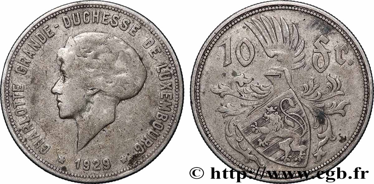 LUXEMBOURG 10 Francs Grande-Duchesse Charlotte 1929  TB+ 