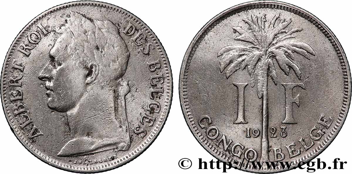 BELGA CONGO 1 Franc roi Albert légende française 1923 Bruxelles BC+ 