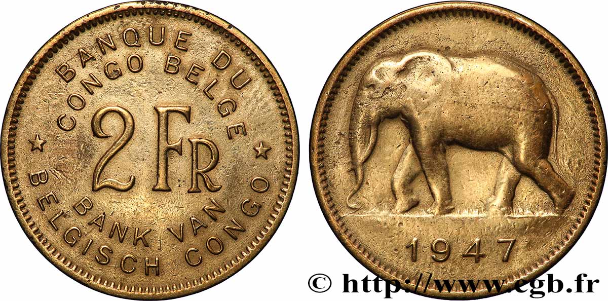 CONGO BELGE 2 Francs éléphant 1947 Bruxelles TTB 