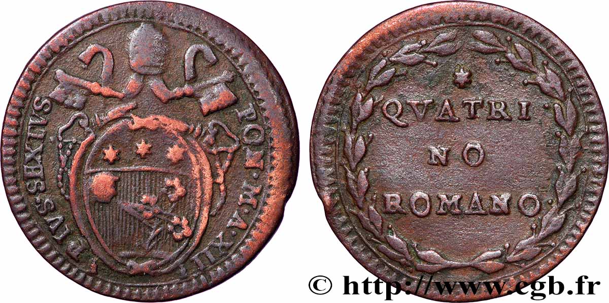ITALIE - ÉTATS DU PAPE - PIE VI (Jean-Ange Braschi) 1 Quattrino Pie VI an XII N.D. (1786) Rome TB+ 
