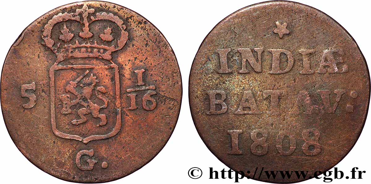 INDES NEERLANDAISES 5 1/16 Gulden (1 Duit) 1808 Enkhuizen TB 