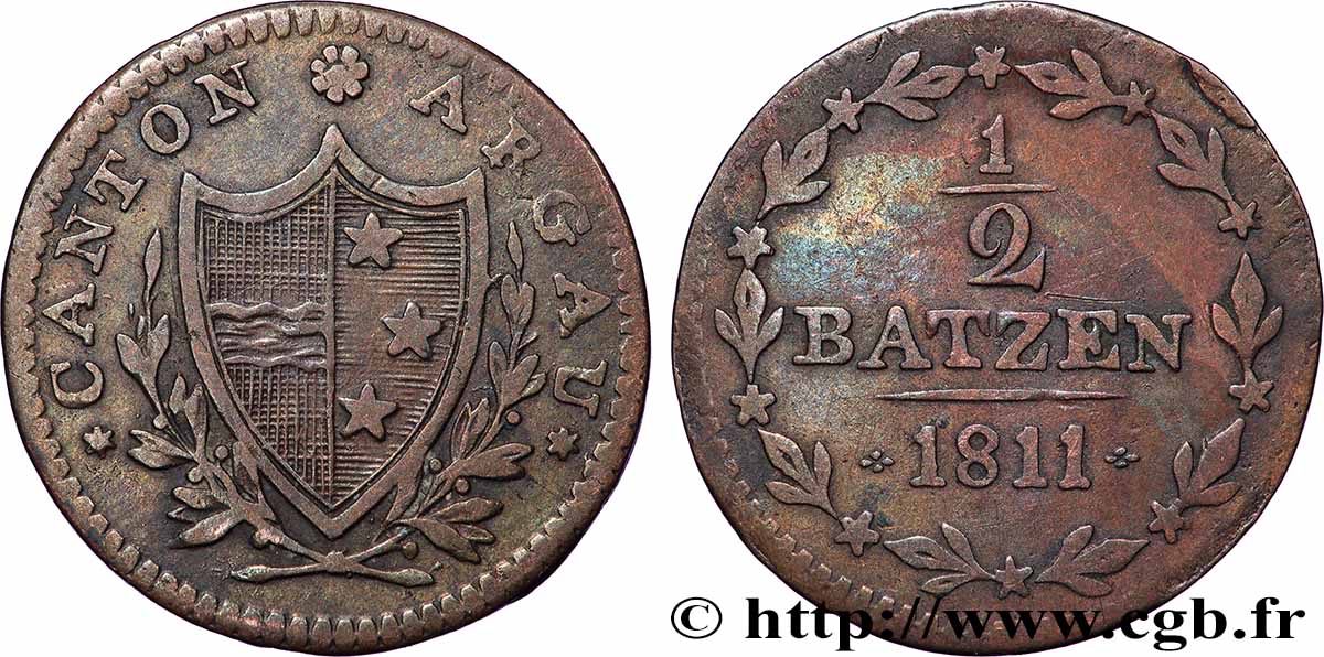 SWITZERLAND - CANTON OF AARGAU 1/2 Batzen  1811  VF 
