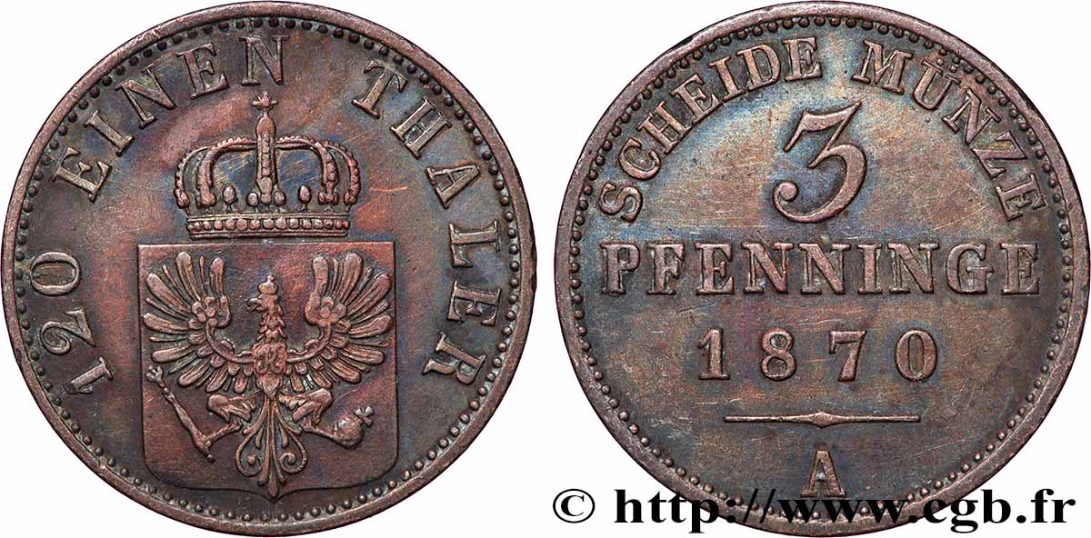 DEUTSCHLAND - PREUßEN 3 Pfenninge Royaume de Prusse 1870 Berlin SS 