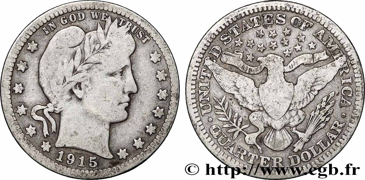 ÉTATS-UNIS D&nbsp;AMÉRIQUE 1/4 Dollar Barber 1915 Philadelphie TB+ 