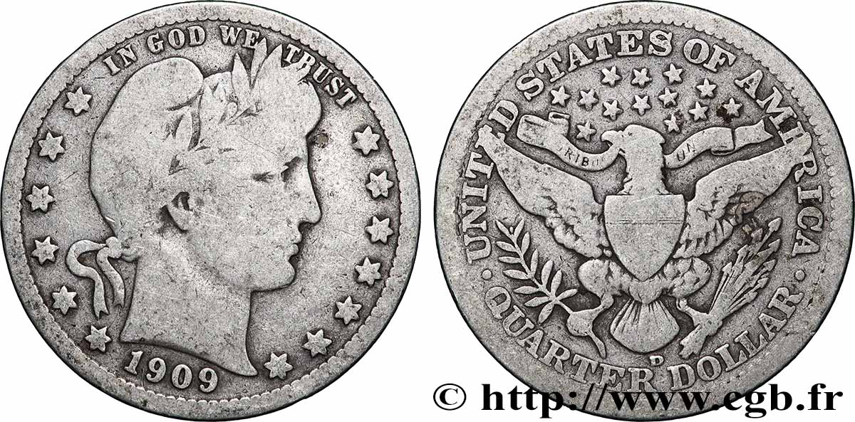 ÉTATS-UNIS D&nbsp;AMÉRIQUE 1/4 Dollar Barber 1909 Denver TB 