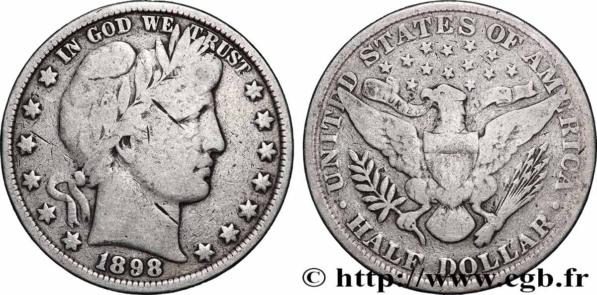ÉTATS-UNIS D&nbsp;AMÉRIQUE 1/2 Dollar type Barber 1898 Philadelphie TB 