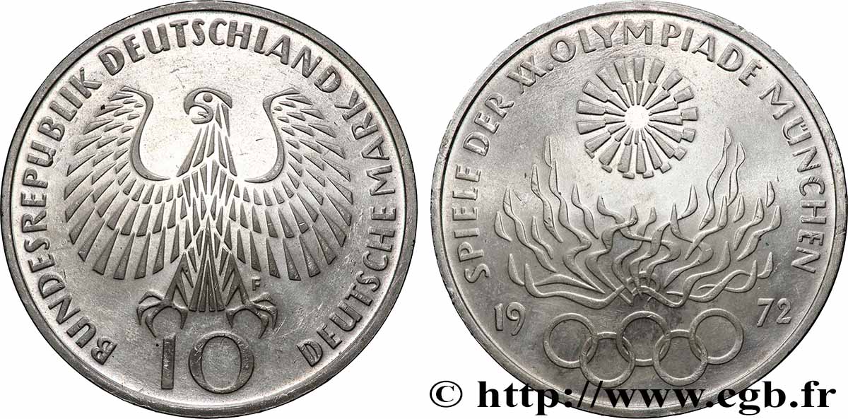 ALLEMAGNE 10 Mark XXe J.O. Munich - Flamme olympique 1972 Stuttgart SPL 